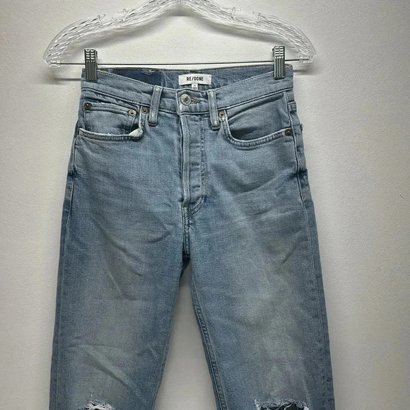 RE/DONE 70s High Rise Stove Pipe Jeans Denim Blue Jeans in Light Destroyed 24 - Picture 3 of 13